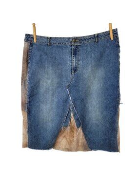 Vintage Y2K Denim Skirt Plus Size 18 40" Waist Jean Mesh Inset Slit Alt 18W 2X